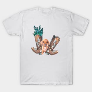 Cute Dachshund Puppy and Cowboy Boots Watercolor Art T-Shirt